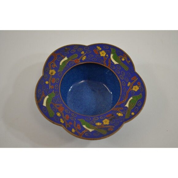 Chinese Cloisonne Trinket Bowl Dish Lot of 2 Cherry Blossoms Birds Vtg - Picture 2 of 11